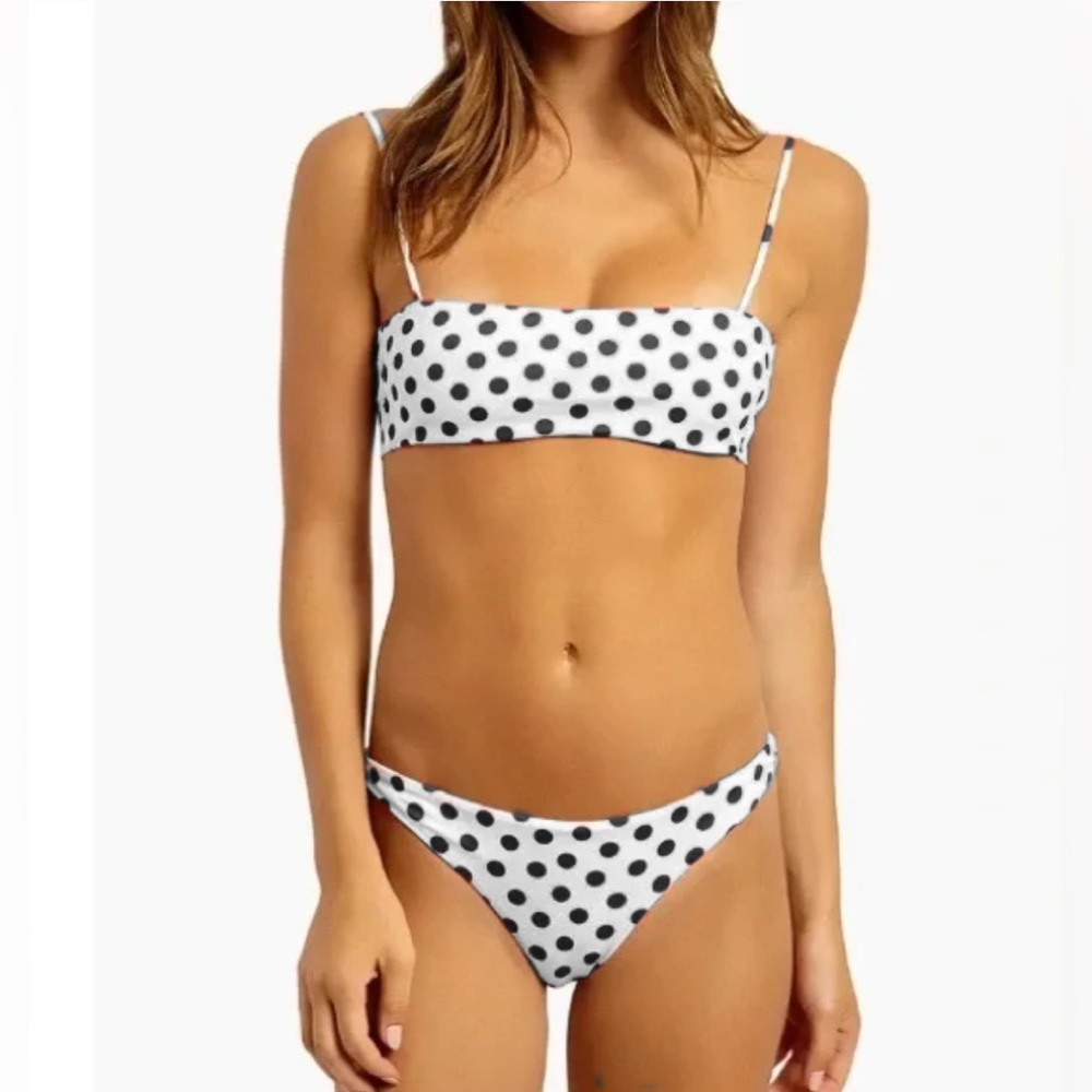 SKIN by SAME White with Black Polka Dots Bandeau Tie Back Bow Bikini Cheeky Set